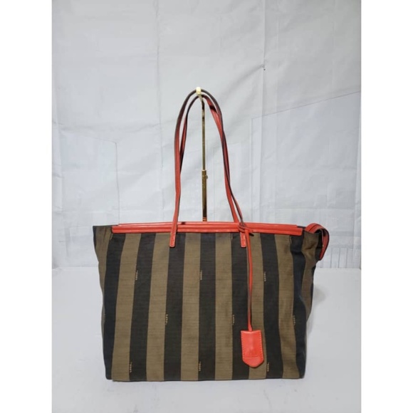 Authentic Fendi Pequin Tote Bag Red/Brown - Picture 1 of 11